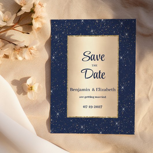 Invitation Parties scintillant en or bleu marine confetti Enr