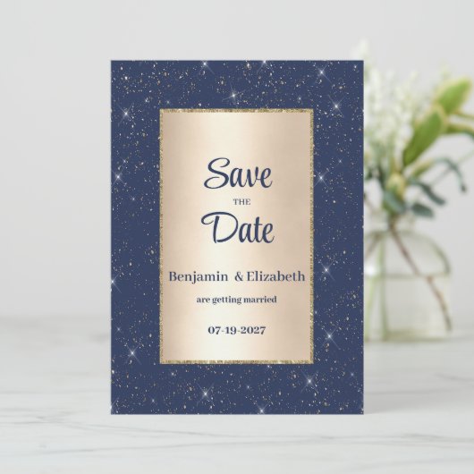 Invitation Parties scintillant en or bleu marine confetti Enr (Debout devant)