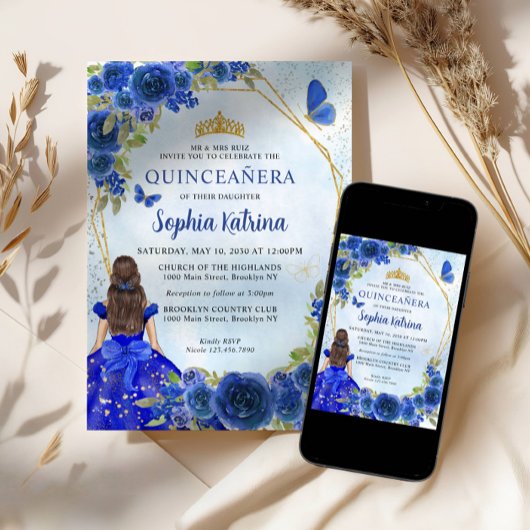 Invitation Parties scintillant en or bleu marine Floral Princ