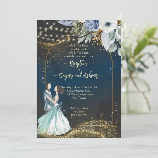 Invitation Parties scintillant en or bleu marine réception de (Debout devant)