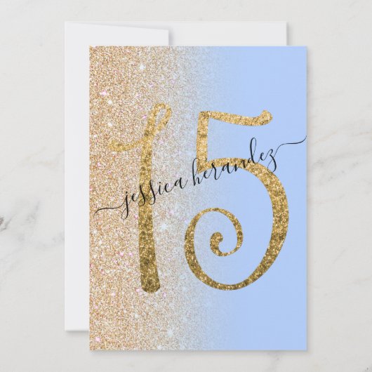 Invitation Parties scintillant en or bleu moderne Ombre Quinc (Dos)