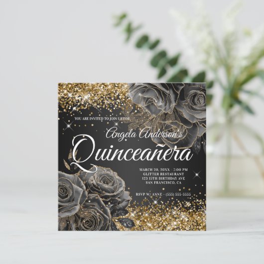 Invitation Parties scintillant en or brillant Rose noir Glam  (Debout devant)