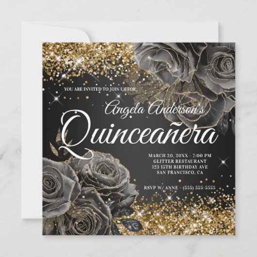 Invitation Parties scintillant en or brillant Rose noir Glam  (Devant)