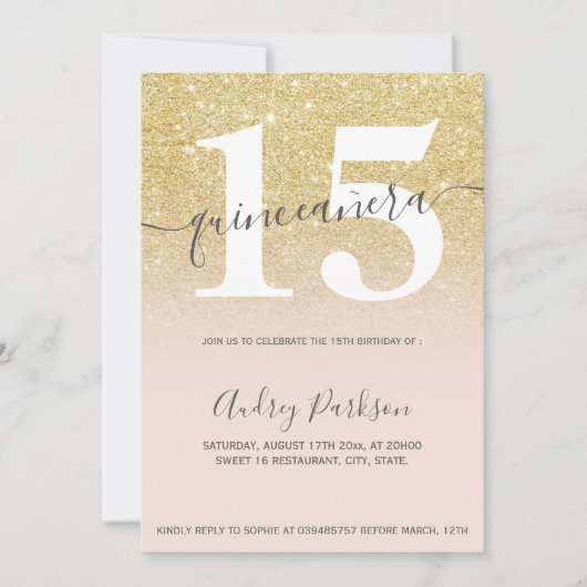 Invitation Parties scintillant en or chic rose poubelle quinc (Devant)