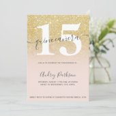 Invitation Parties scintillant en or chic rose poubelle quinc (Debout devant)