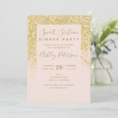 Invitation Parties scintillant en or chic typographie rose pâ (Debout devant)