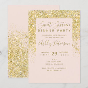 Invitation Parties scintillant en or chic typographie rose pâ
