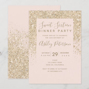 Invitation parties scintillant en or clair typographie rose p