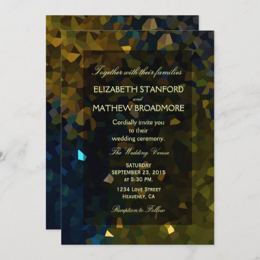 Invitation Parties scintillant en or et en cristal bleu (Devant / Derrière)