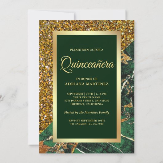 Invitation Parties scintillant en or Faux Marbre vert émeraud (Devant)