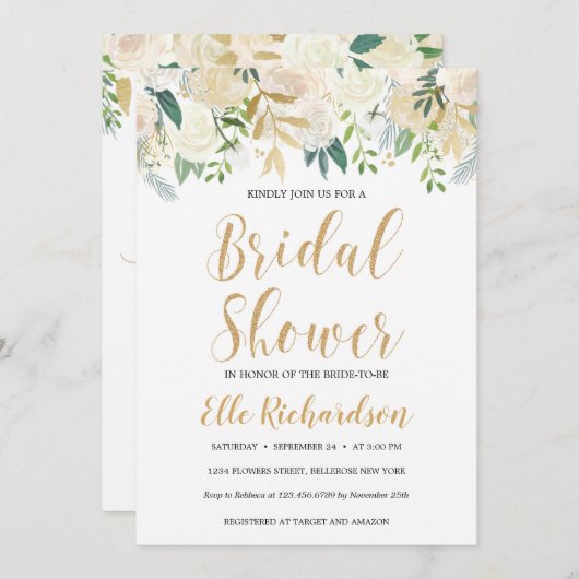 Invitation Parties scintillant en or fleuri ivoire crème boho (Devant / Derrière)