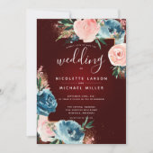 Invitation Parties scintillant en or floral marron, bleu mari (Devant)
