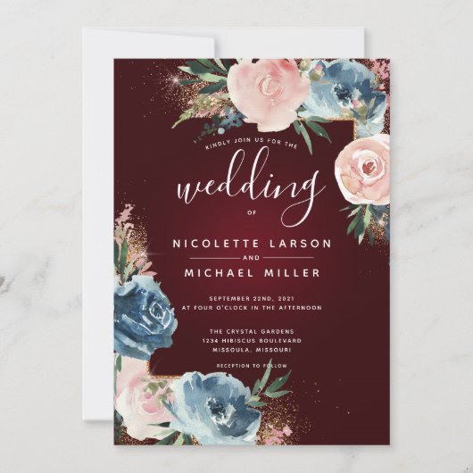 Invitation Parties scintillant en or floral marron, bleu mari (Devant)