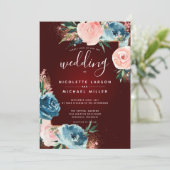 Invitation Parties scintillant en or floral marron, bleu mari (Debout devant)