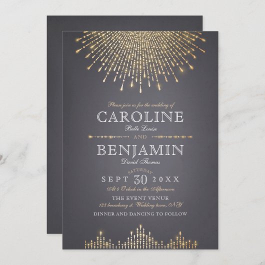 Invitation Parties scintillant en or glam art déco mariage vi (Devant / Derrière)