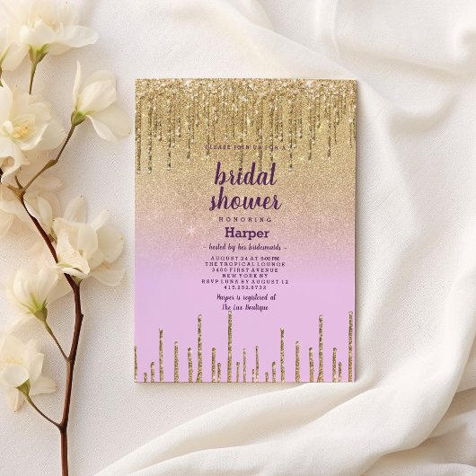 Invitation Parties scintillant en or lavande Fête des mariées