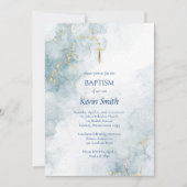 Invitation Parties scintillant en or marbre bleu clair Baptêm (Devant)