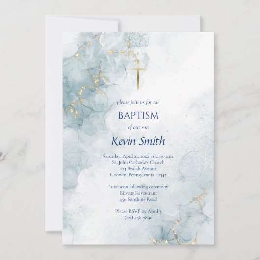 Invitation Parties scintillant en or marbre bleu clair Baptêm (Devant)