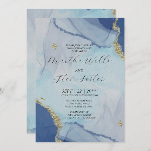 Invitation Parties scintillant en or marbré / Dusty Blue Enga (Devant / Derrière)