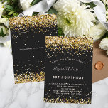 Invitation Parties scintillant en or noir<br><div class="desc">Une invitation moderne, élégante et glamour pour une fête d'anniversaire de 40ème (ou tout âge). Un arrière - plan noir décoré avec de la poussière de parties scintillant en faux or. Le nom est écrit avec un script de style moderne écrit à la main. Personnalisez et ajoutez les détails de...</div>