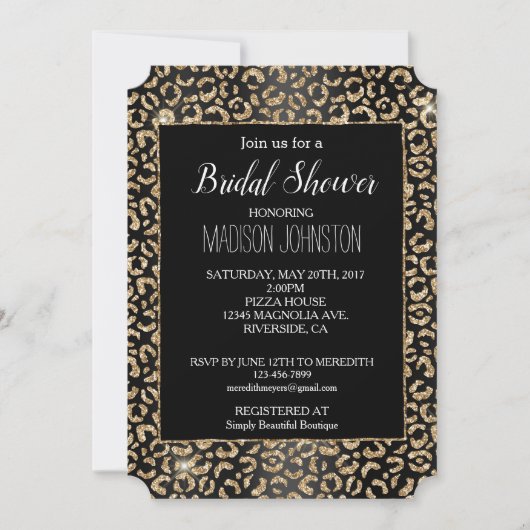 Invitation Parties scintillant en or noir glam Leopard (Devant)