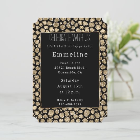Invitation Parties scintillant en or noir Leopard (Debout devant)