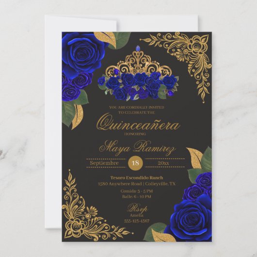 Invitation Parties scintillant en or noir Rose bleu Tiara Qui (Devant)