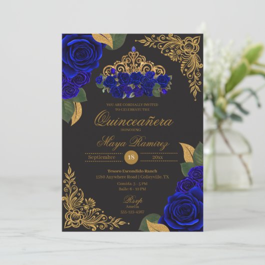 Invitation Parties scintillant en or noir Rose bleu Tiara Qui (Debout devant)