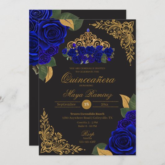 Invitation Parties scintillant en or noir Rose bleu Tiara Qui (Devant / Derrière)