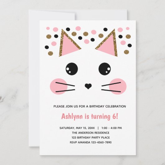 Invitation Parties scintillant en or noir rose Chat Anniversa (Devant)