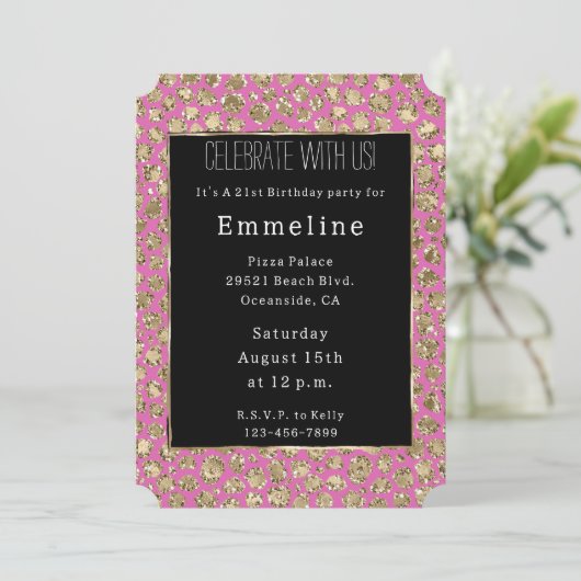 Invitation Parties scintillant en or noir rose Leopard (Debout devant)