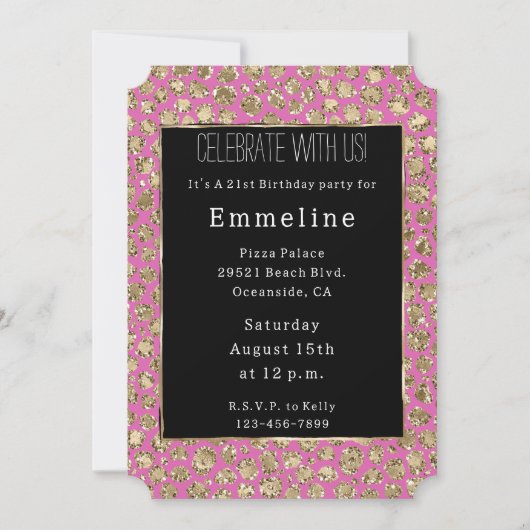 Invitation Parties scintillant en or noir rose Leopard (Devant)