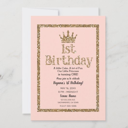 Invitation Parties scintillant en or rose 1er anniversaire Pr (Devant)