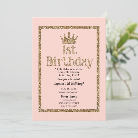 Invitation Parties scintillant en or rose 1er anniversaire Pr (Debout devant)