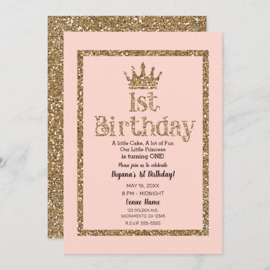 Invitation Parties scintillant en or rose 1er anniversaire Pr (Devant / Derrière)