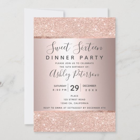 Invitation Parties scintillant en or rose à huile typographie (Devant)