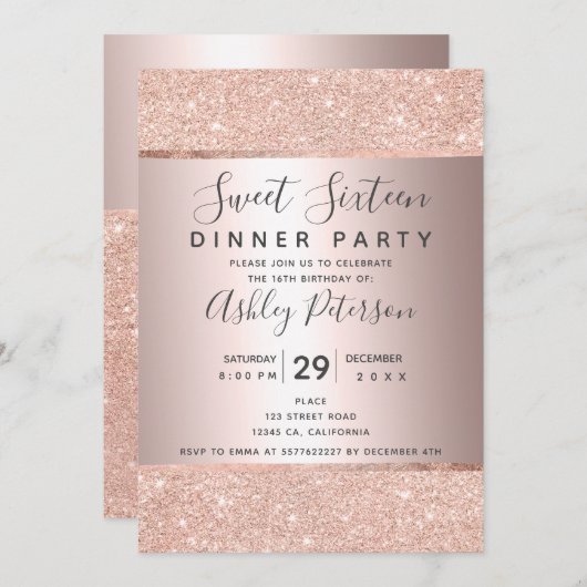 Invitation Parties scintillant en or rose à huile typographie (Devant / Derrière)