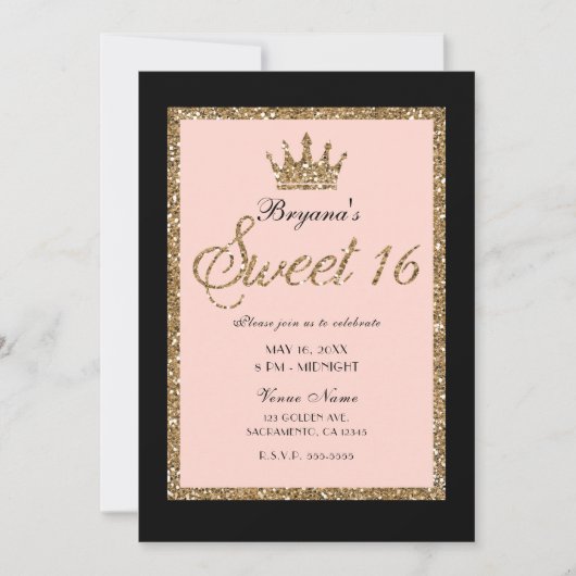 Invitation Parties scintillant en or rose & Black Sweet 16 Pr (Devant)