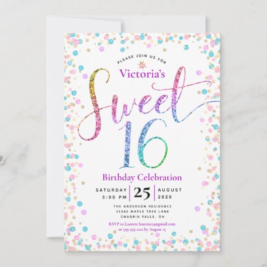 Invitation Parties scintillant en or rose bleu Confetti Sweet (Devant)