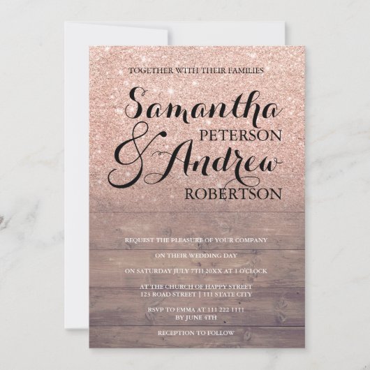 Invitation Parties scintillant en or rose chic mariage en boi (Devant)