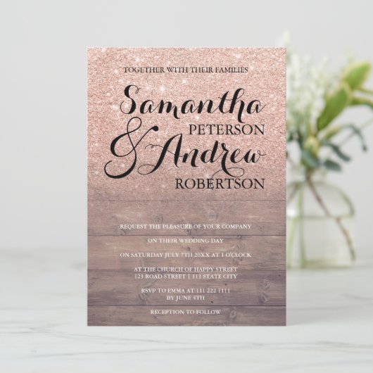 Invitation Parties scintillant en or rose chic mariage en boi (Debout devant)