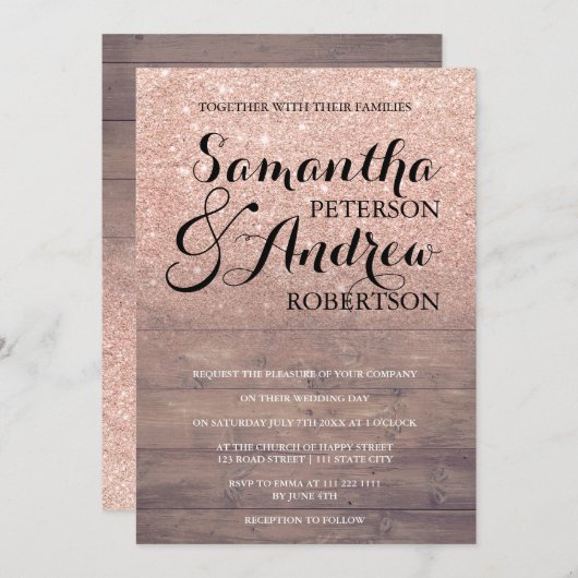 Invitation Parties scintillant en or rose chic mariage en boi (Devant / Derrière)