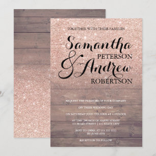 Invitation Parties scintillant en or rose chic mariage en boi