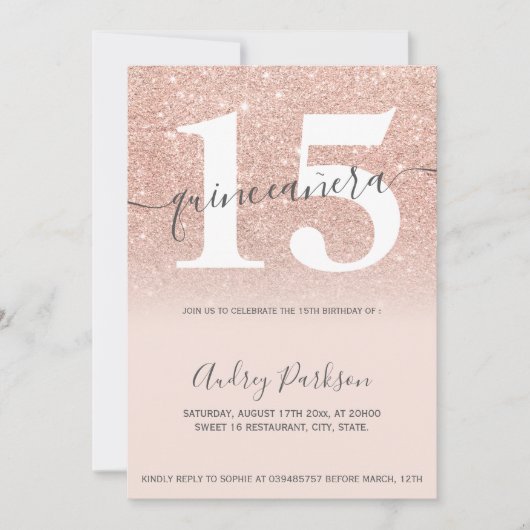 Invitation parties scintillant en or rose chic rose pâle quin (Devant)