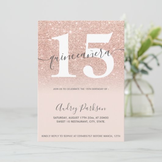 Invitation parties scintillant en or rose chic rose pâle quin (Debout devant)