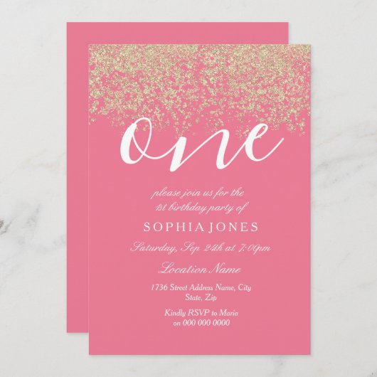 Invitation Parties scintillant en or rose Confetti 1er annive (Devant / Derrière)