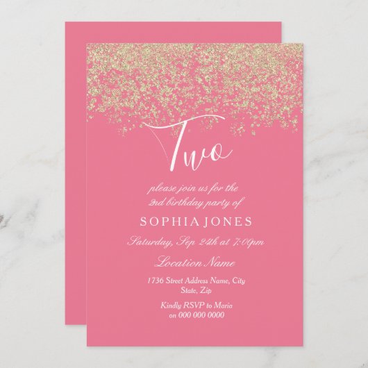 Invitation Parties scintillant en or rose Confetti 2e anniver (Devant / Derrière)