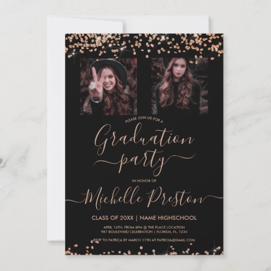 Invitation parties scintillant en or rose confetti 3 graduati (Dos)