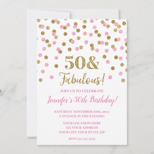 Invitation Parties scintillant en or rose Confetti 50 et fabu (Dos)