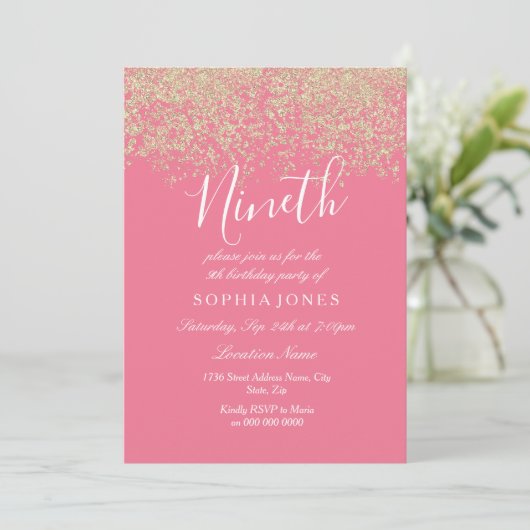 Invitation Parties scintillant en or rose Confetti 9e anniver (Debout devant)